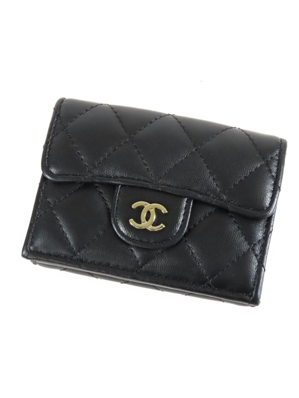 Chanel Compact Wallet Black Gold Lambskin Quilted CC Logo Trifold